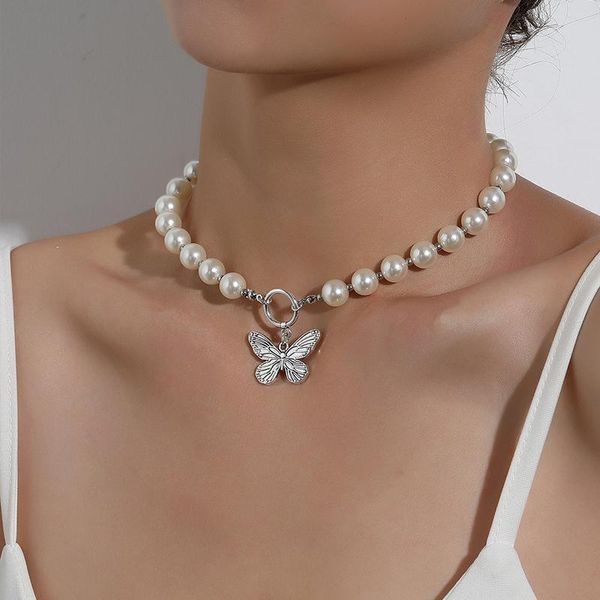 

chokers retro stylish pearl chain necklace with butterfly pendant charms silvery neck jewelry for women girls party gift ideas, Golden;silver