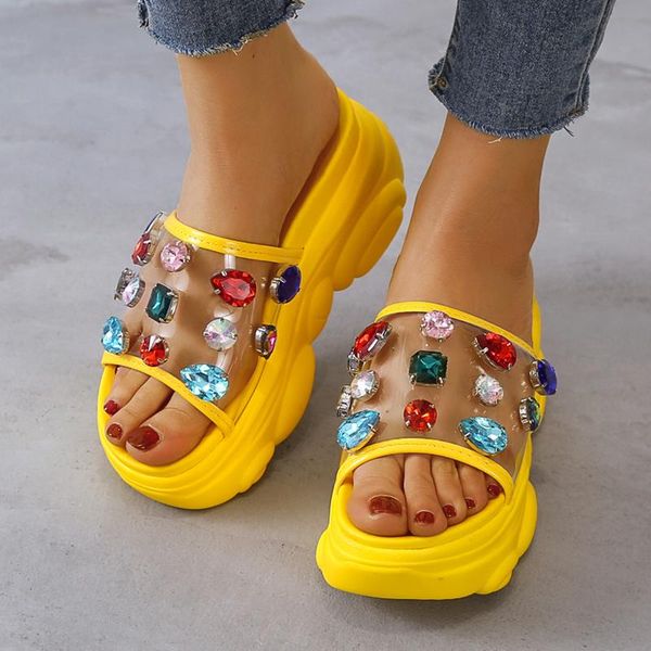 

9cm/3.5 inch height outdoor slides fashion shoes woman cratal rhinestone colorful slippers summer, Black