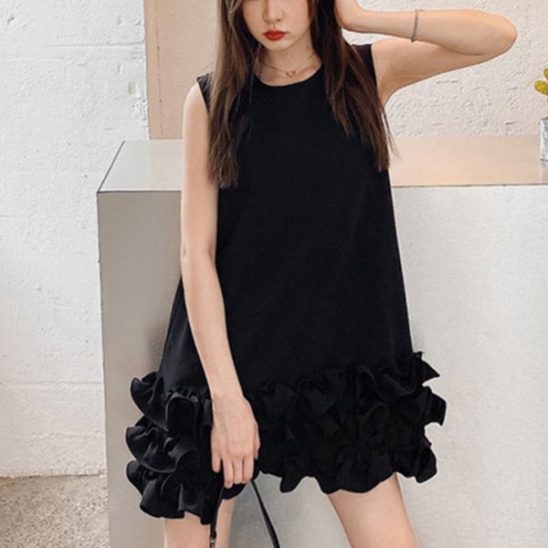 

casual dresses [ewq] korea fashion sweet sleeveless ruffled solid color loose black all-match dress women summer 16w1422 gy9h, Black;gray