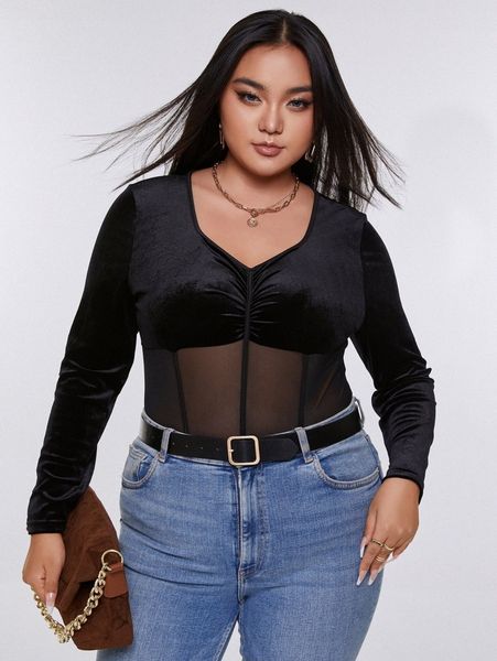 

plus mesh insert ruched sweetheart neck velvet bodysuit l4p8#, Black