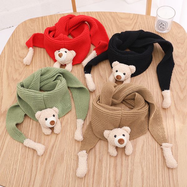 

children winter korean stickers bear warm thick knitted casual kids girls cute scarf handsome boys bib 1-12y, Blue;gray