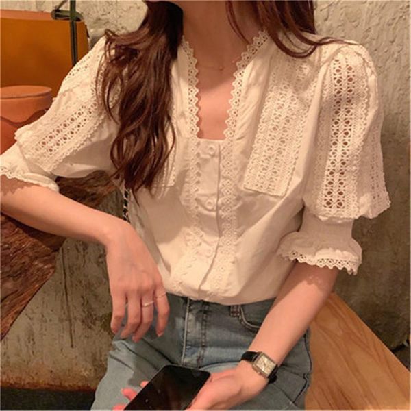 

women's blouses & shirts white hollow out butterfly sleeve summer blouse v-neck lace elegant fashion 2021 chic korean style
