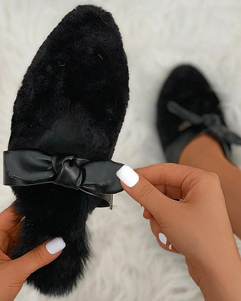 

faux fur slippers mules with bow girls plush for women warm home fluffy slides house shoes woman slipper, Black