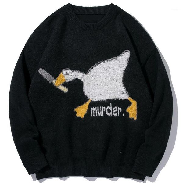 

men's sweaters men streetwear sweater duck flocking cartoon printed knitted 2021 autumn fashion harajuku cotton casual pullover, White;black