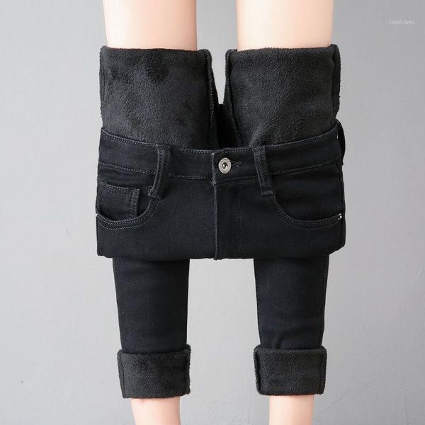 

women's pants & capris women winter oversized warm jeans plus velvet thicken tight pencil stretch waist plush skinny windproof trousers, Black;white