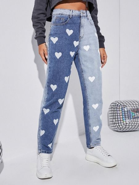 

high waist colorblock & heart print jeans d042#, Blue