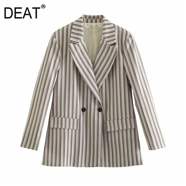 

[deat] spring fashion coat loose v-neck double breasted stripe long sleeve temperament women blazer 13c925 210527, White;black