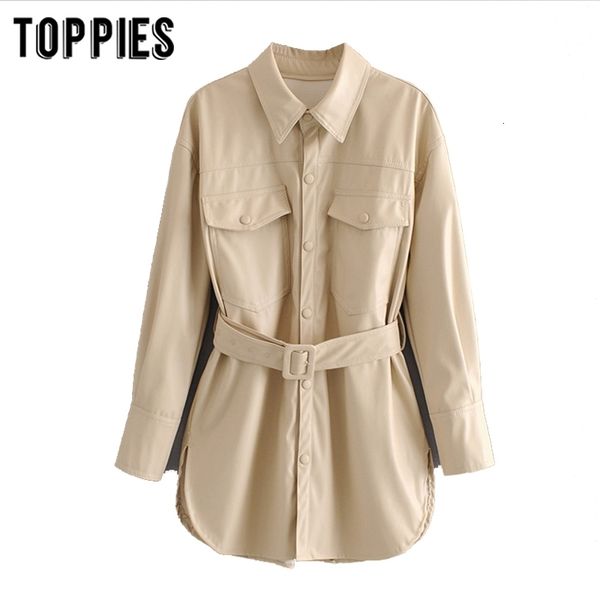 

ies faux leather shirt women long jacket coat spring oversized windbreaker woman streetwear 201015, Black;brown