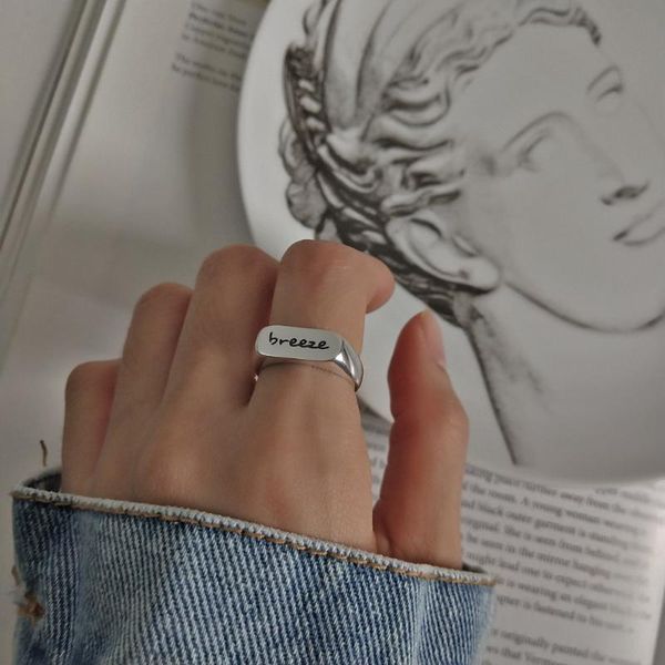 

cluster rings authentic s925 sterling silver fine jewelry geometric engraved letter "breeze" glossy polished surface j278, Golden;silver