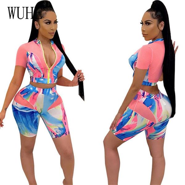 

women's tracksuits wuhe multicolor print streetwear 2 suits deep v neck zipper up short sleeve crop tight package hip pants club party, Gray
