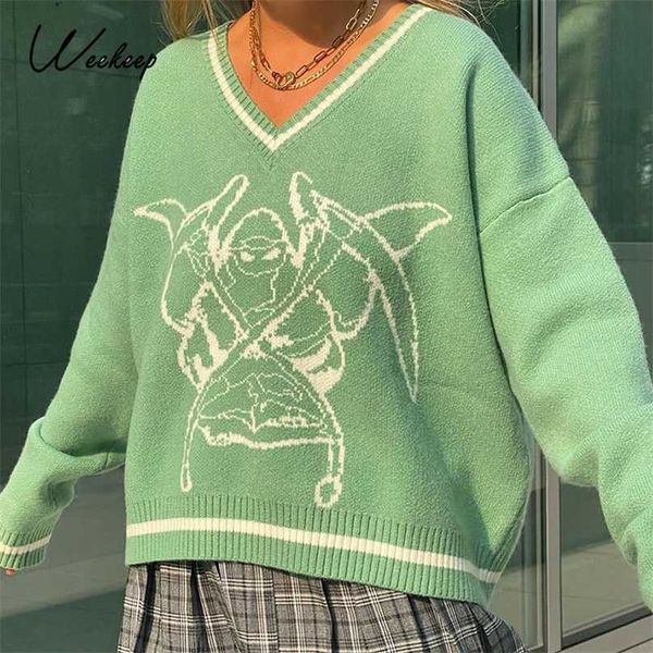 

weekeep y2k chic print streetwear oversized sweater women's casual autumn winter knitted jumper fashion loose knitwear pullovers 211221, White;black