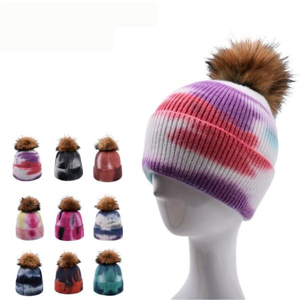 

beanies 2021 tie dye street kpop hat with real fur balls winter warm knitted women men beanie thicken crochet soft skull cap