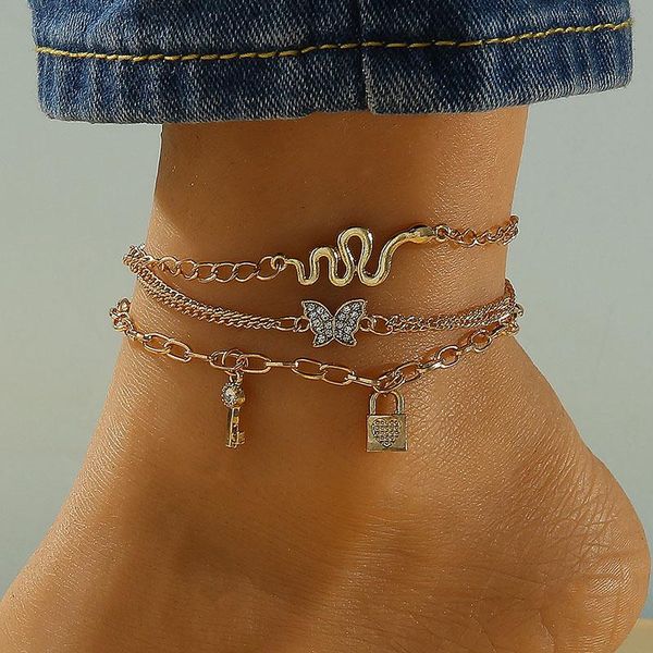 

anklets vintage butterfly for women 2021 fashionable multi-layer beach chains snake key lock ankle bracelet jewelry gift, Red;blue