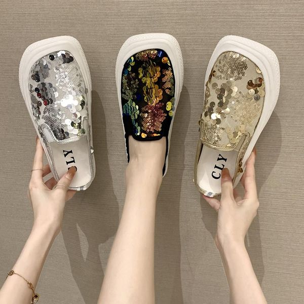 

slippers loafers shoes woman 2021 low square toe casual pantofle luxury flat cover summer basic pu bling slides rubber, Black