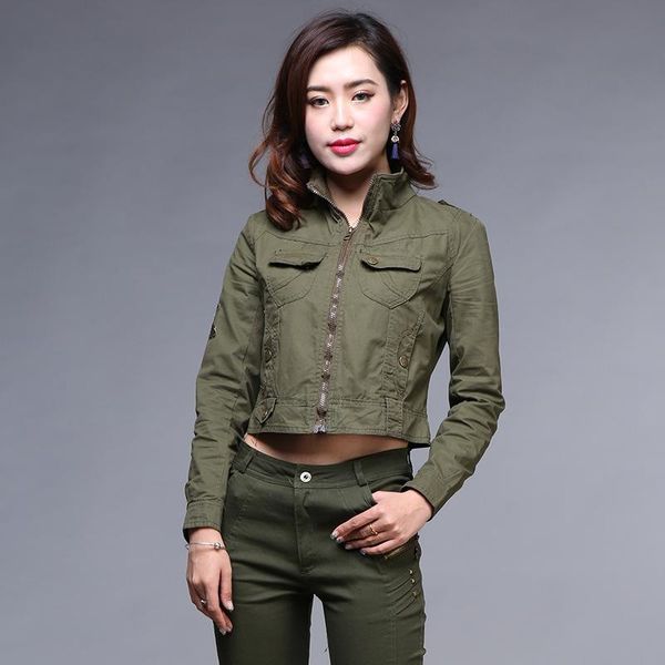 

women's jackets women military army green jacket spring autumn camouflage slim short stand neck ladies casual cargo, Black;brown