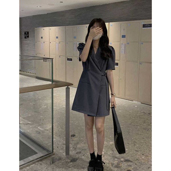

suit goming drs female v-neck 2021 summer leisure fashion tie waist skirt w551h, Black