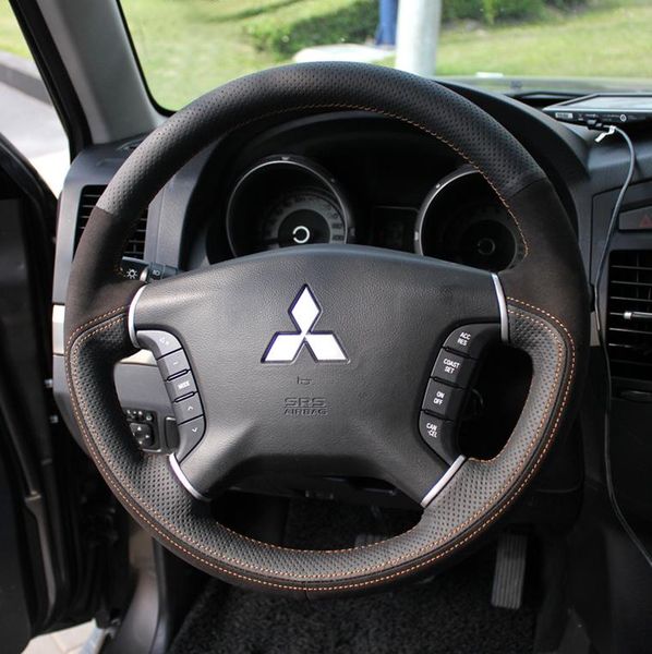 

steering wheel covers diy hand-stitched suede leather car cover for mitsubishi pajero v73 v93 lancer outlander asx auto accessories