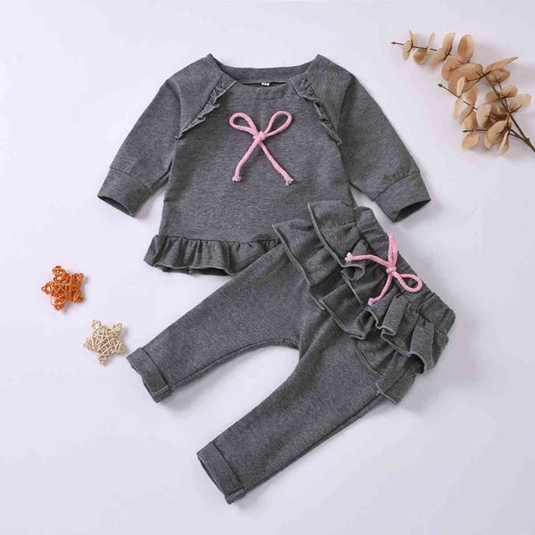 

children clothing girls' suit long sleeve small bow lace sweater pants two piece set, White