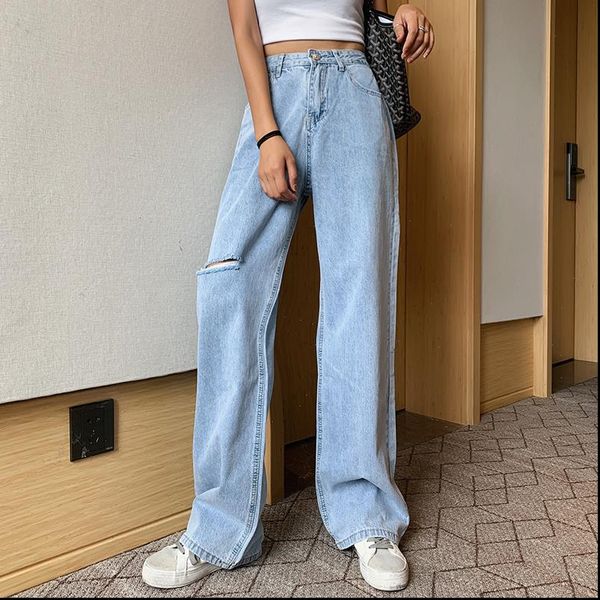 

plus size 4xl ripped women jeans high waist summer hole wide leg denim pants womens fashion casual trousers blue
