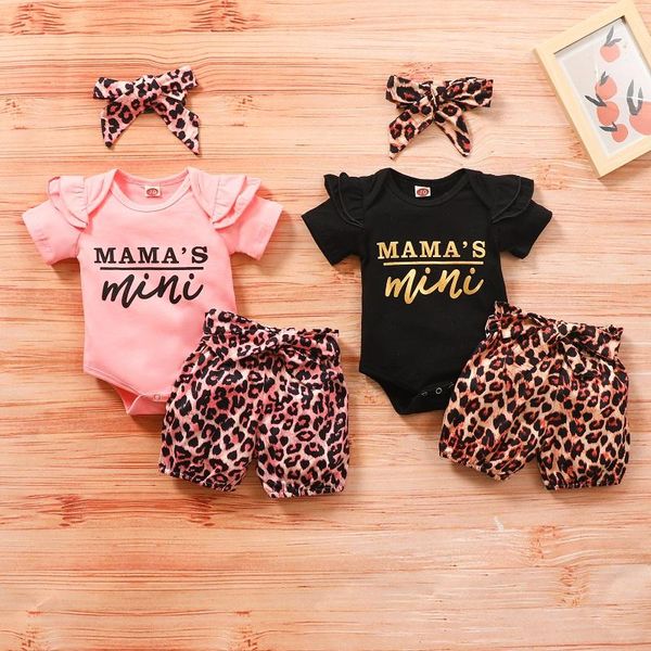 

clothing sets 0-24m mama's mini born baby boy girl short sleeve cotton bodysuit leopard shorts pant bottom headband 3pcs set, White