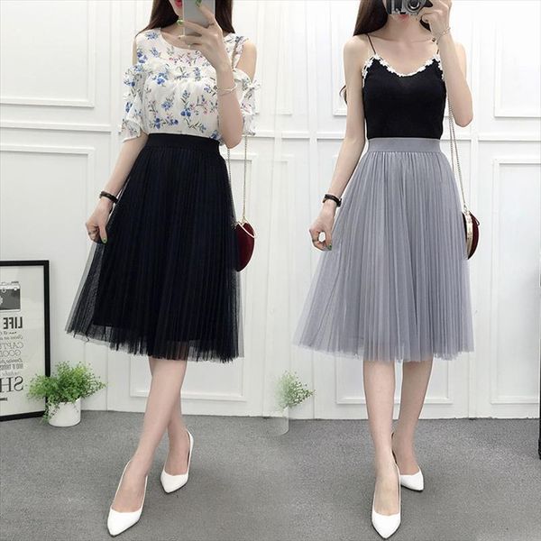 

mesh pleated a line high women skirts waisted tulle faldas jupe, Black