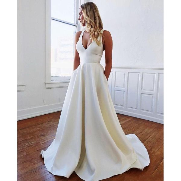 

other wedding dresses md472 simple v neck long ivory 2021 bow knot back a line bridal gown formal brides party dress vestidos de novia, White
