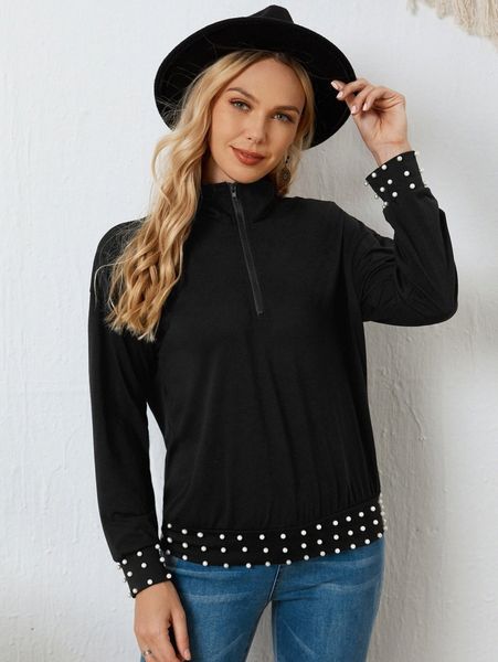 

emery rose pearls beaded half zip drop shoulder pullover g3vn#, White;black