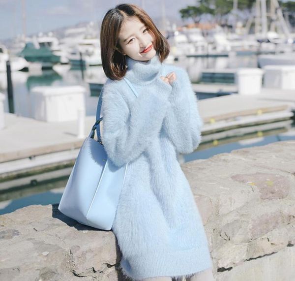 

women's sweaters baharcelin winter women girl full sleeve turtleneck pullovers knitted sweater dresses warm mohair knitwear outwear, White;black