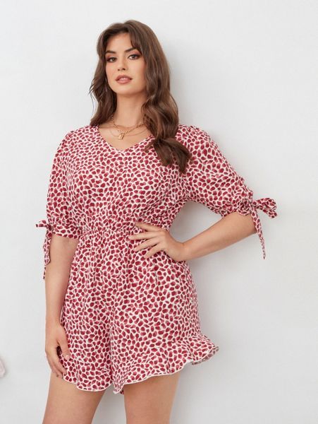 

plus allover print backless ruffle hem romper r1ix#, Black