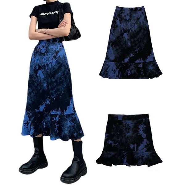 

skirts summer harajuku midi skirt women fashion tie-dye ruffle hem ladies stylish slim bodycon for party gathering, Black