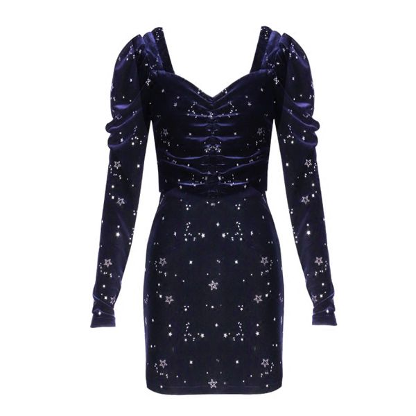 Темно-синий черный звездный бархатный с длинным рукавом мини короткое карандаш платье v шея печать зима осень элегантный сексуальный d0828 210514