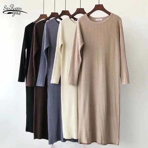 

o-neck mid-length solid mid-calf knitted dress autumn and winter korean style elegant stripe slimming bottoming 11731 210521, Black;gray