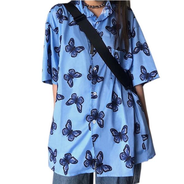 

women's blouses & shirts short sleeve 2021 summer harajuku butterfly print collar vintage baggy casual button up coat, White
