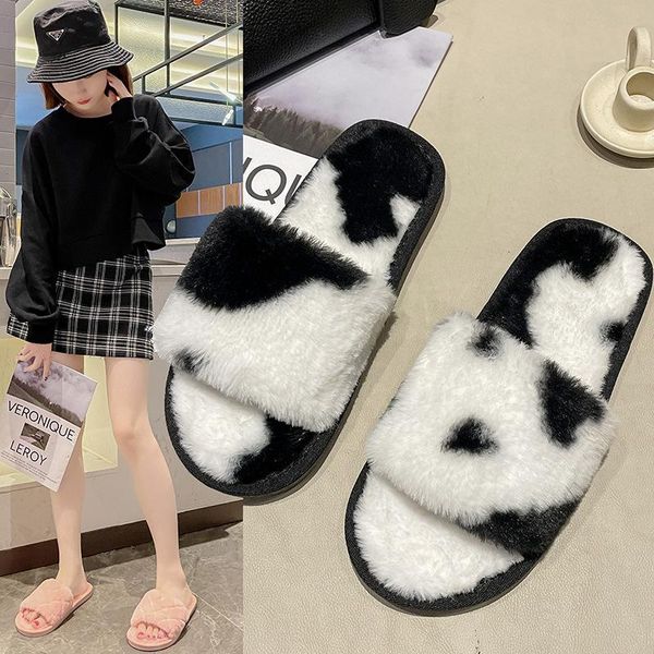 

slippers autumn and winter explosion models plush women's indoor home casual one word cow pattern shoes women, Black