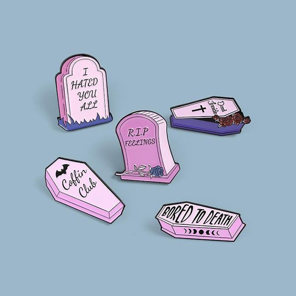

pins, brooches funny quote enamel pins punk skull coffin for women gothic lapel pin pink badge gravestone headstones jewelry gift, Gray