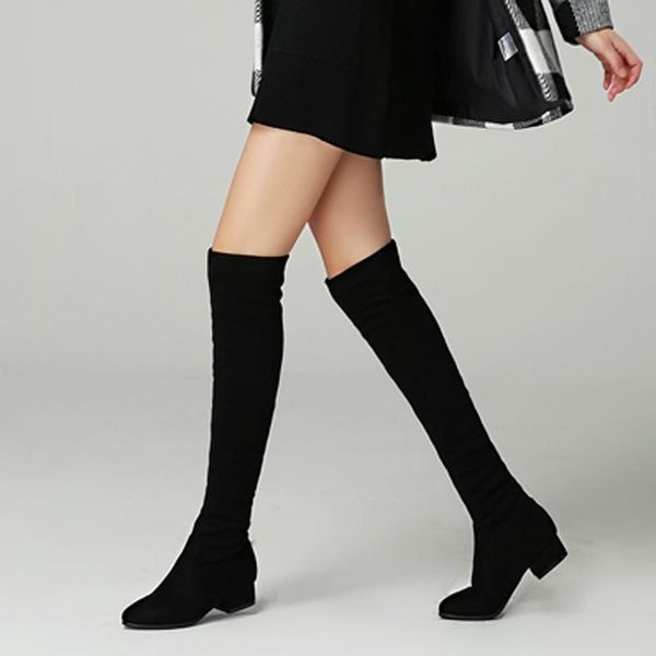 

boots 2021 autumn winter elastic flock slim fit over the knee women med heel thigh ladies high botas shoes, Black