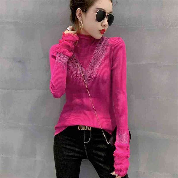 

fashion women's knitwear spring lace stitching slim sweater half turtleneck bottom shirt 210520, White;black