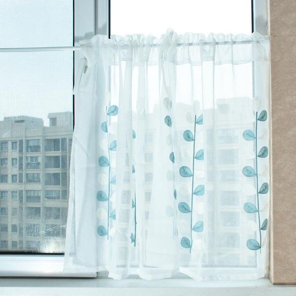 

curtain & drapes half short curtains for kitchen blue leaves embroidered coffee window valance livingroom tulle