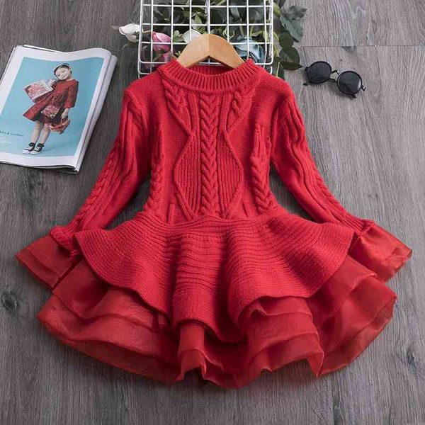 

children's autumn knitted long sleeve girls' organza wool dress, Red;yellow