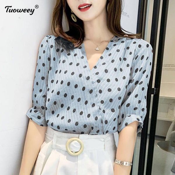 

women's blouses & shirts fashion womens and 2021 pink chiffon blouse shirt short sleeve women v neck polka dot office, White