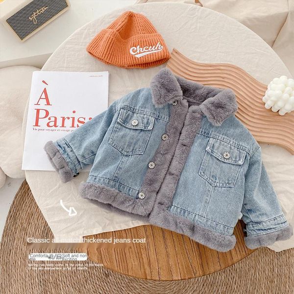 

jackets 2021 boys and girls autumn winter jacket with cashmere thickened denim children 's clothing warm fashion baby lapel top, Blue;gray