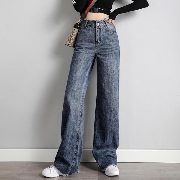 

women's jeans woman high waist clothes wide leg denim clothing blue streetwear vintage tassel harajuku straight pants
