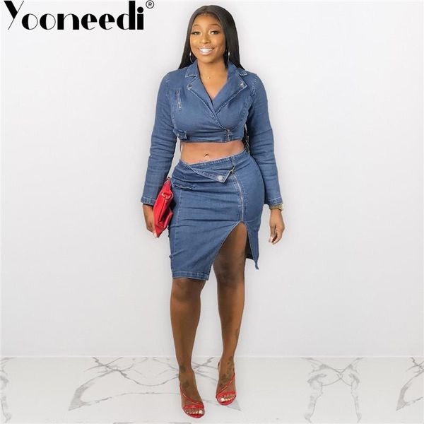 

two piece dress yooneedi 2021 autumn design 2 pcs denim women set color solid turn-down collar short and midi skirt me-395, White