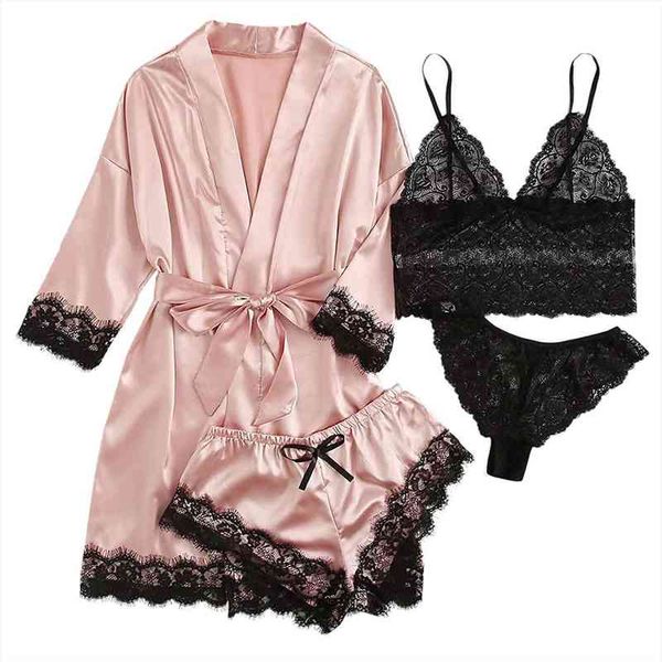 

4 piece pajamas sets pyjama women sleepwear satin silk garter lingerie set robes lace deep v underwear l, Black;red
