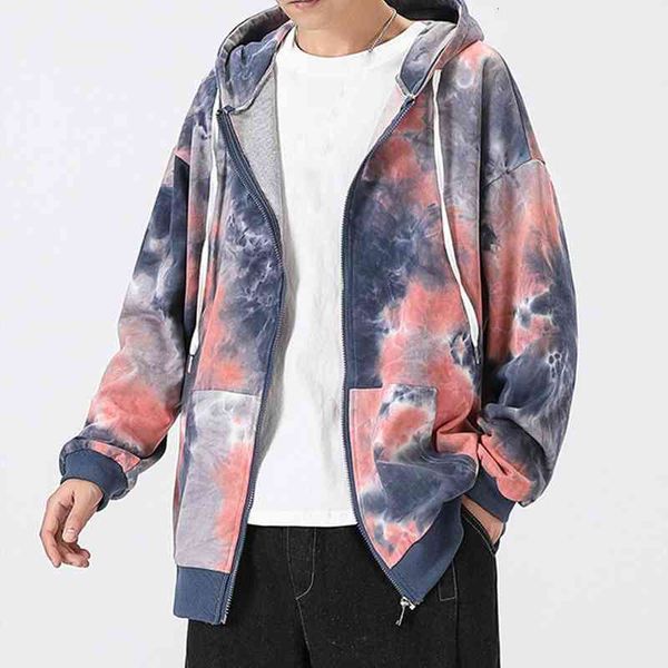 

fashion men women long sleeve tie dye zip closure sweatshirt hooded coat, Black