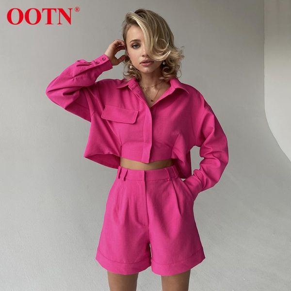 

women's tracksuits ootn casual turn-down collar long sleeve single breasted crop suits with shorts high waist straight zipper set women, Gray