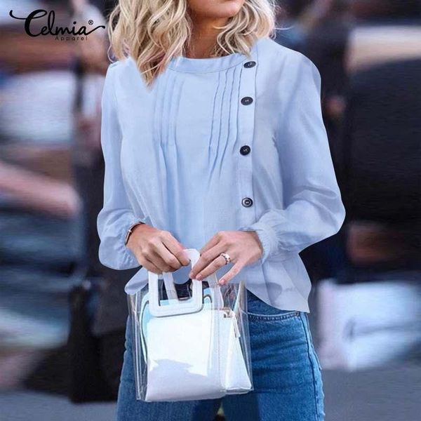 

women long sleeve casual solid blouses 2021 autumn shirts celmia stylish female buttons loose pleated party blusas s-5xl women's &, White
