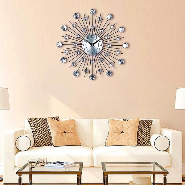 

wall clocks 33cm vintage metal crystal sunburst clock da parete design home decor luxury diamond 3d large morden