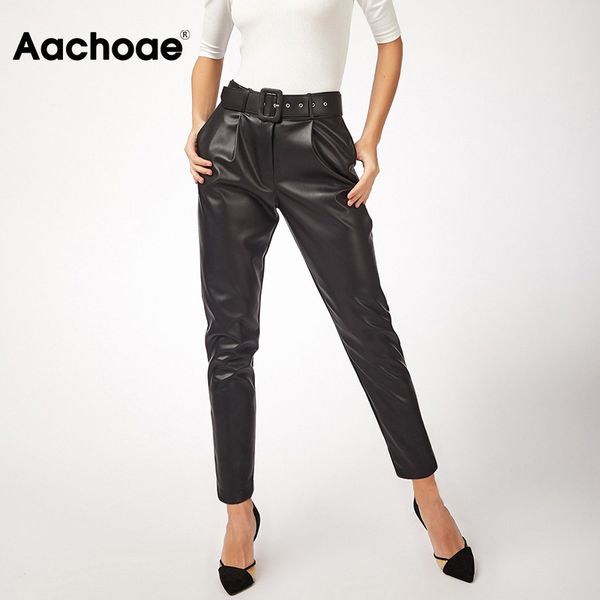 

women black faux leather pants with belt high waist pants sashes pockets office ladies pu leather long harem trousers, Black;white