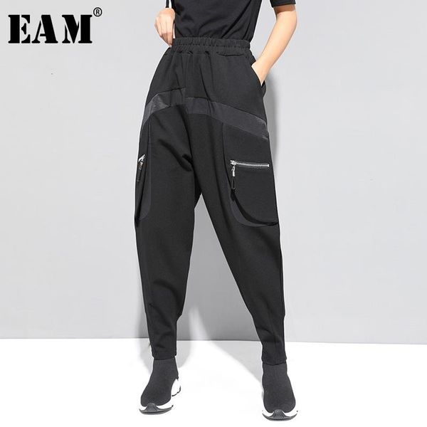 

women's pants & capris [eam] high elastic waist black zipper split long harem trousers loose fit women fashion tide spring autumn 2021, Black;white